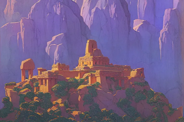 Prompt: ancient temple on a mountainside at dawn | by Paul O. Zelinsky and Maxfield Parrish and Nicholas Roerich and Donato Giancola | ornate carvings| climbing vines| rich color | dramatic cinematic lighting | extremely clear and detailed