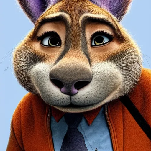 Prompt: Intricate five star Zootopia portrait by Anna Kullberg, Colored pencil on paper, high detail, skin texture, photo realistic, hyperrealism,matte finish, high contrast, 3d depth, masterpiece, vivid colors, artstationhd