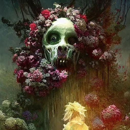 Image similar to a beautiful terrifying monster made of flowers. ethereal horror fantasy art by greg rutkowski and monet