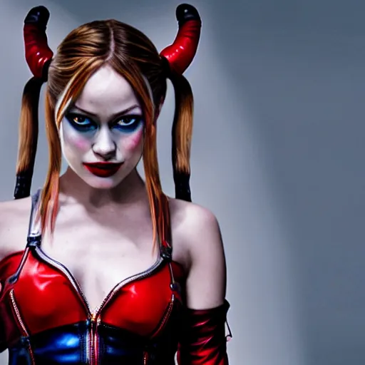 Image similar to Olivia wilde as harley quinn, 8k, highly detailed, high definition, full view, cinematic lighting