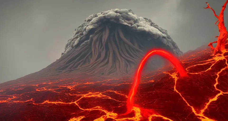 Image similar to a volcano made of ivory vines and crimson rocks enters in eruption, it spits a smoke in the shape of demonic eye, by filip hodas