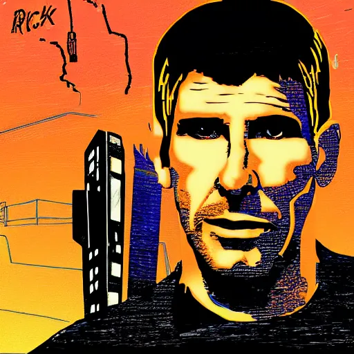 Image similar to rick deckard from blade runner colored digital illustration