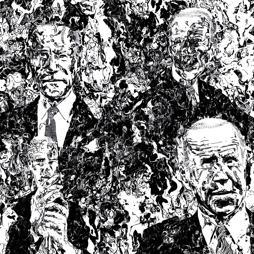 Prompt: Joe Biden full body portrait, body horror, black and white Illustration by Junji Ito