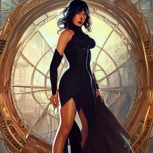 Image similar to full figure ultra realistic illustration, dua lipa as zatanna, intricate, elegant, highly detailed, digital painting, artstation, concept art, smooth, sharp focus, illustration, art by artgerm and greg rutkowski and alphonse mucha