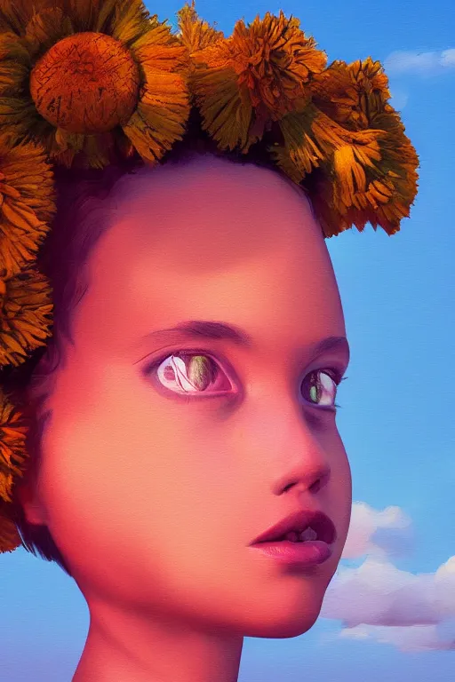 Image similar to closeup girl with huge dahlia flower head, portrait on beach, surreal photography, blue sky, sunrise, dramatic light, impressionist painting, digital painting, artstation, simon stalenhag