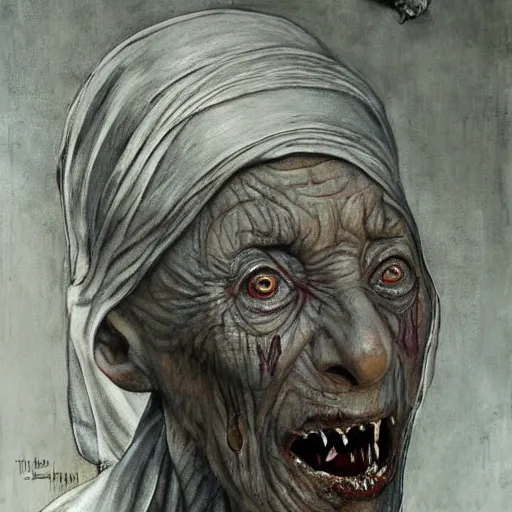 Image similar to a hyperrealistic painting of mother theresa as a zombie at jesus'crucifixion, by santiago caruso, highly detailed, sharp focus,