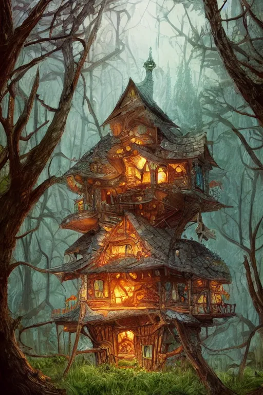 Image similar to a storybook illustration of a ramshackle multistory fairytale hut in the forest, intricate, elegant, fantasy, highly detailed, digital painting, concept art, sharp focus, artstation