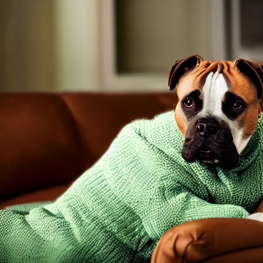 Prompt: American Staffordshire terrier sitting on a sofa wearing a green sweater, 8k, hdr