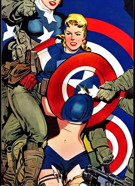 Prompt: beautiful female captain america standing on a pile of defeated and beaten german soldiers. feminist captain america wins wwii. american wwii propaganda poster by james gurney. gorgeous face. overwatch