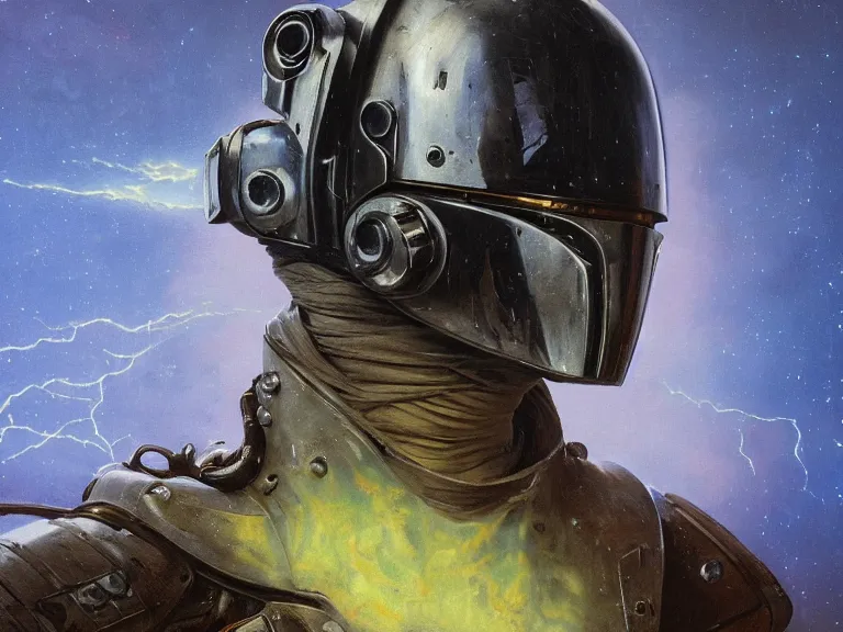 Prompt: a detailed profile oil painting of a bounty hunter in armour and visor, cinematic sci-fi poster. technology flight suit, bounty hunter portrait symmetrical and science fiction theme with lightning, aurora lighting clouds and stars by beksinski carl spitzweg and tuomas korpi. baroque elements. baroque element. intricate artwork by caravaggio. Trending on artstation. 8k