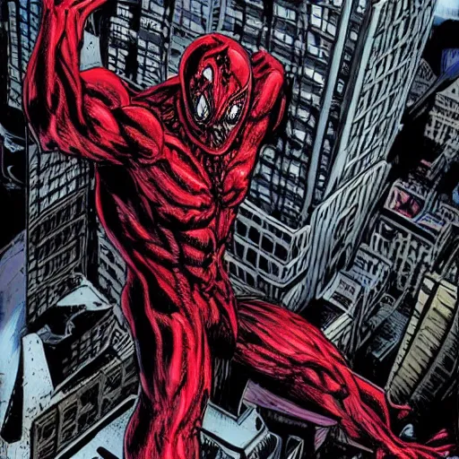 Image similar to carnage symbiote destroying new york city on a dark and gloomy night