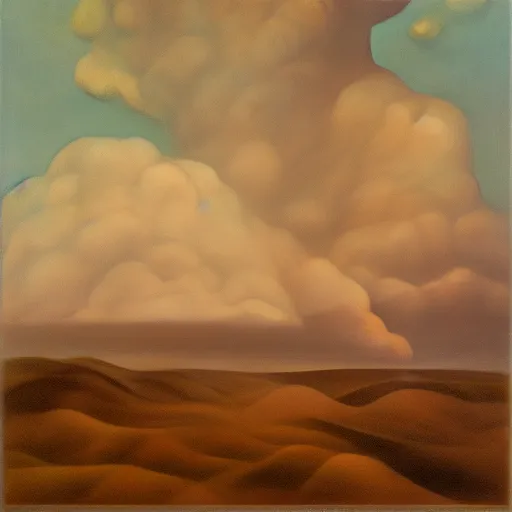 Image similar to the clouds of fear by Grant Wood, oil on canvas