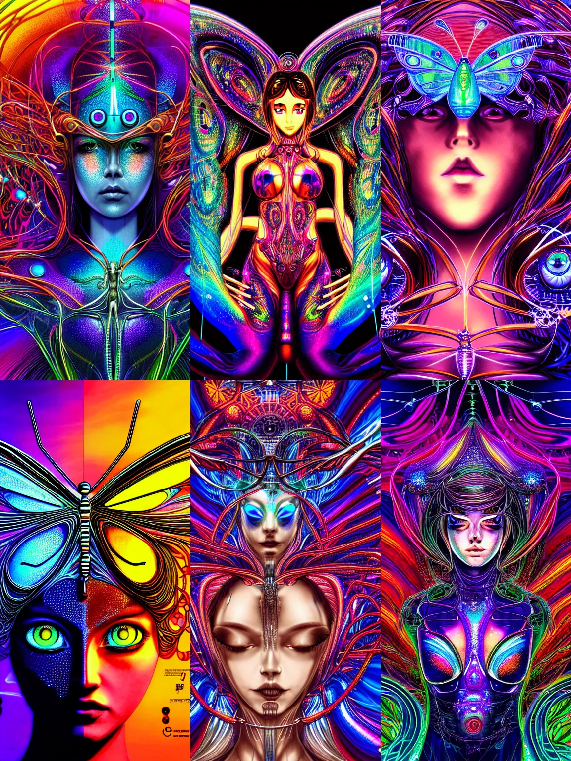 Prompt: ultra detailed symmetric view o af butterfly goddess made out of liquid chrome in a multiverse, melting face, surrounded by mechanical wires, cinematic, anime aesthetic by Andrew Thomas Huang Bjork Avatar Artwork, Druillet, colorfull, vivid colors, 8k, uplifting, magical composition artstation
