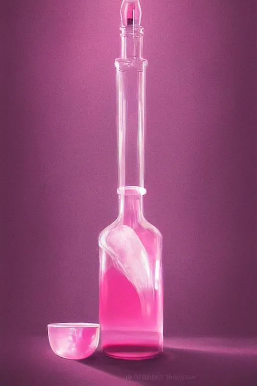 Prompt: Concentrated Potion Bottle of Pink Liquid on a Table, Pink Vapor is leaking from the top, digital art, illustration by WLOP, fantasy, magic