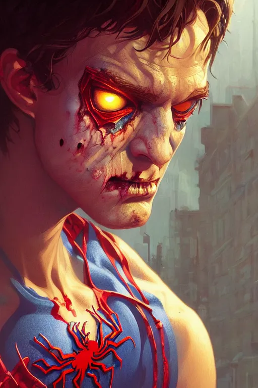 Prompt: a portrait of zombie spider - man, fantasy, sharp focus, intricate, elegant, digital painting, artstation, matte, highly detailed, concept art, illustration, ambient lighting, art by ilya kuvshinov, artgerm, alphonse mucha, and greg rutkowski