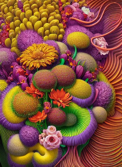 Image similar to hyper detailed illustration like a Oil painting - a vivid exotic flower bouquet, long petals, huge blossoms, by Jacek Yerka, Mariusz Lewandowski, Houdini algorithmic generative render, long brush strokes, Masterpiece, Edward Hopper and James Gilleard, Zdzislaw Beksinski, Mark Ryden, Wolfgang Lettl, hints of Yayoi Kasuma, octane render, 8k