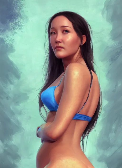 Image similar to portrait of olivia hussey in bikini, au naturel, hyper detailed, digital art, trending in artstation, cinematic lighting, studio quality, smooth render, unreal engine 5 rendered, octane rendered, art style by klimt and nixeu and ian sprigger and wlop and krenz cushart.