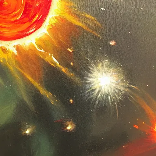 Prompt: a painting of a coin with space explosions