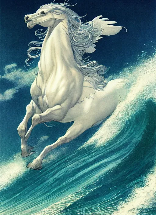 Image similar to pegasus running through ocean wave, exquisite details, denoised, mid view, byi by alan lee, norman rockwell, makoto shinkai, kim jung giu, poster art, game art