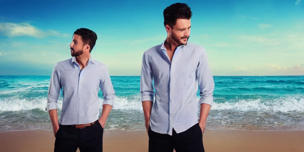 Image similar to a handsome guy is standing tall, in a beautiful shirt, with the beach, sea, sun, rays in the background? super detail, one character