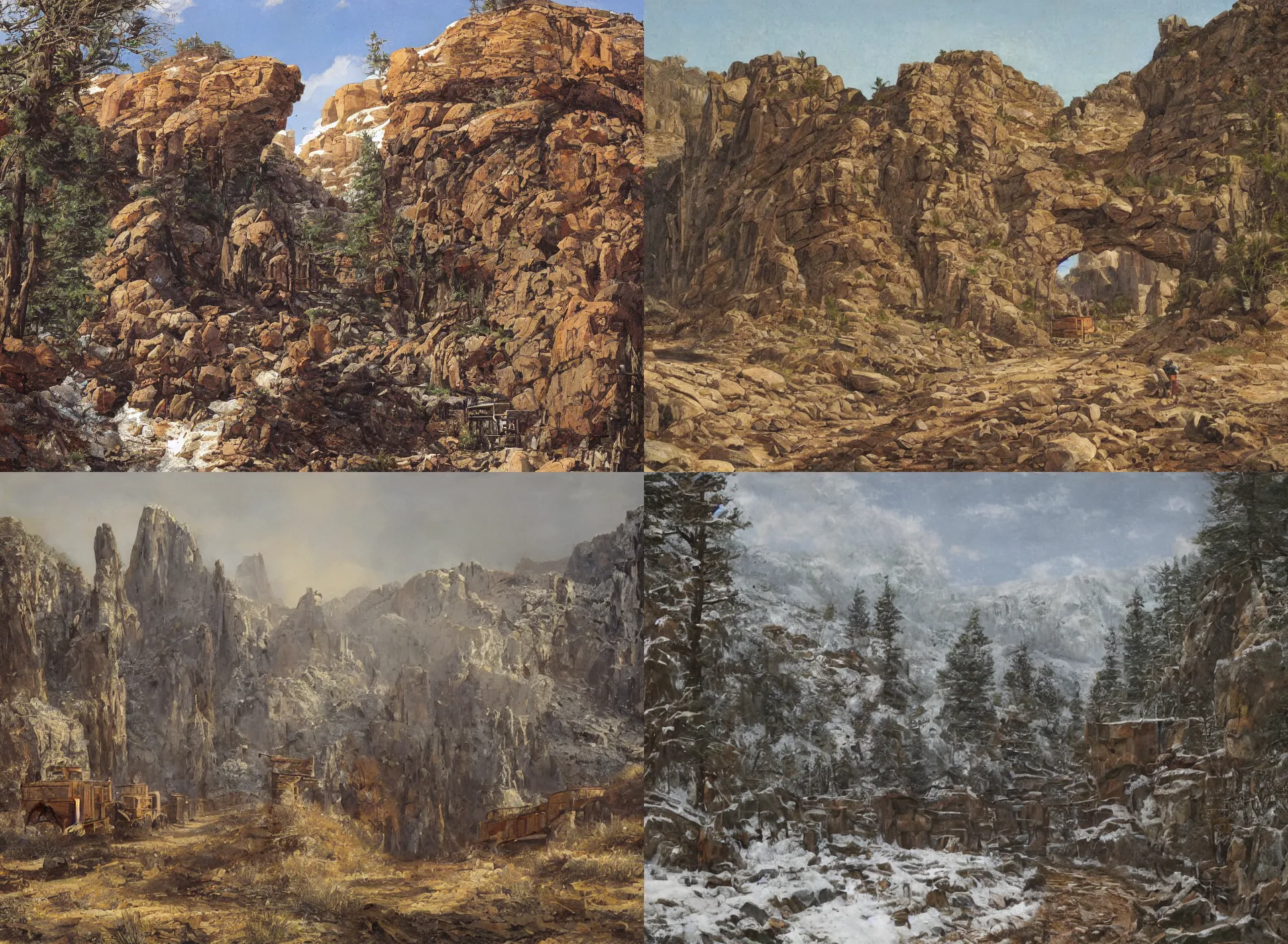 Image similar to entrance to wild west mine, rail tracks lead from the mine, a mine cart sits on the tracks, mine cart, sheer cliffs surround the scene, high elevation, sparse pine forest, dusting of snow, rock arches, long shadows, golden hour, wide angle, oil painting, albert bierdstadt