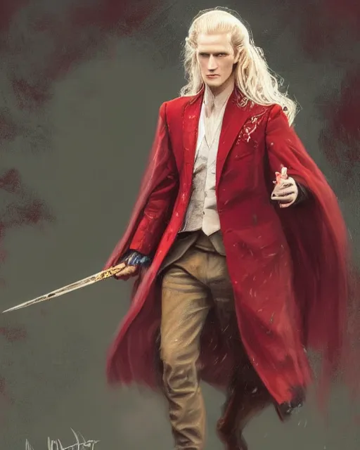 Image similar to detailed painting of matt smith with a long pale blond hair and fantasy noble red clothes, fantasy, game of thrones, targaryen, horror, ethereal, greg rutkowski, magali villeneuve and monet