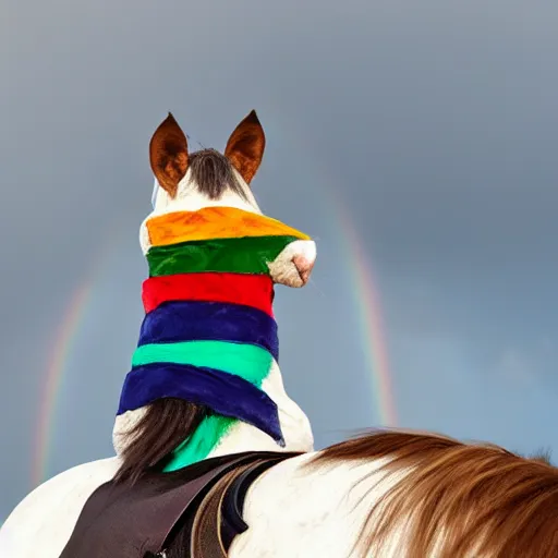 Prompt: a rainbow cat riding a horse