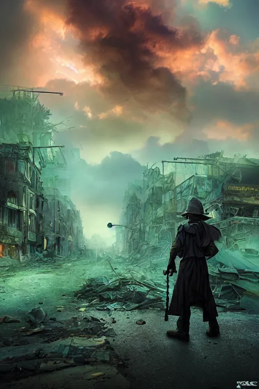 Prompt: ominous figure in the street of a destroyed city, fiery green rubble landscape, steampunk, thick heavy fog, sunset, golden hour, blue hour, colorful magenta and green dramatic cloud filled sky, by gerald brom, greg rutkowski, photo realism, unreal engine