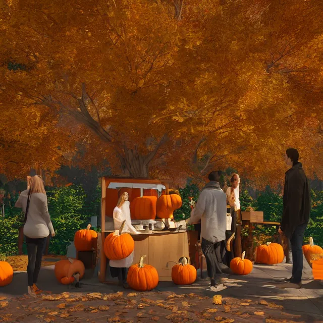 Prompt: pumpkin headed people ordering coffee at a coffee stand, maple trees with fall foliage, volumetric, realistic, cinematic lighting, ray tracing, unreal engine 5, octane render, hyper realistic, photo, 8 k