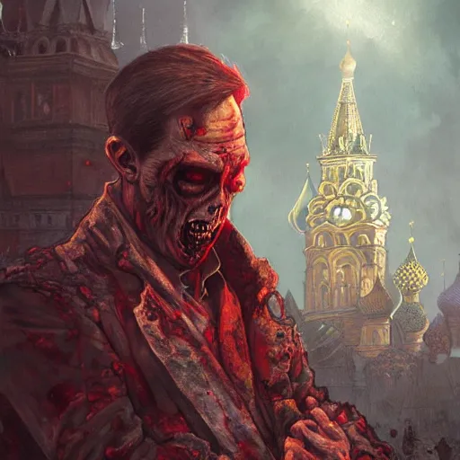 Image similar to zombie Putin in Red Square, fantasy, intricate, highly detailed, digital painting, artstation, concept art, smooth, sharp focus, illustration, art by artgerm and greg rutkowski and alphonse mucha