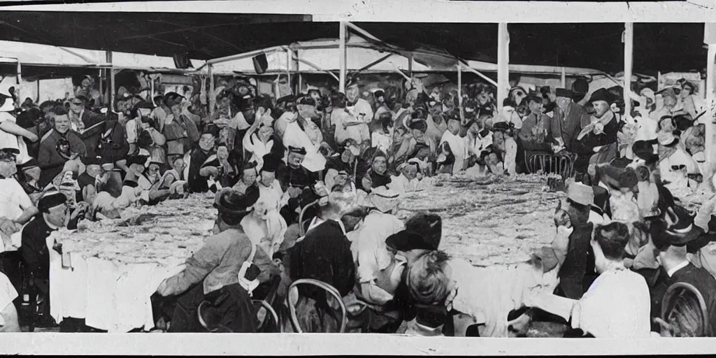 Image similar to black and white photo from the 1 9 2 0's of a pie eating contest with monster contestents making a horrible mess at the county fair