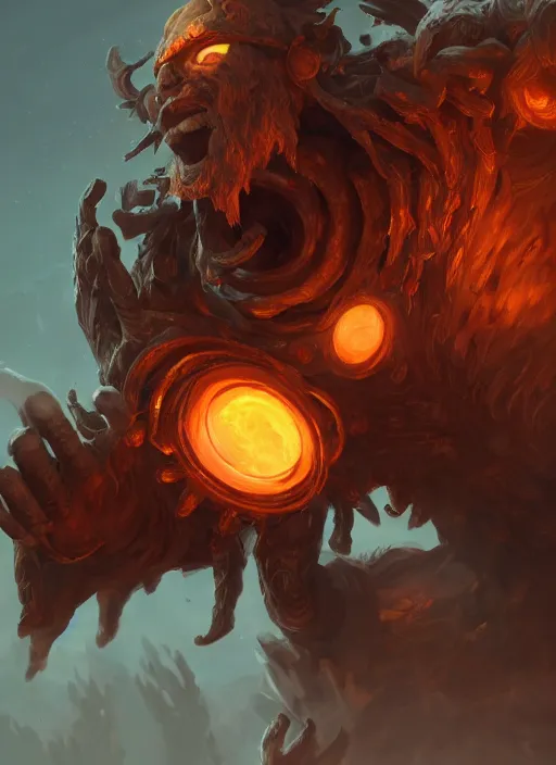 Prompt: a highly detailed illustration of worn down colossal bronze giant, with big orange glowing eyes, gentle calm doting pose, intricate, elegant, highly detailed, centered, digital painting, artstation, concept art, smooth, sharp focus, league of legends concept art, WLOP