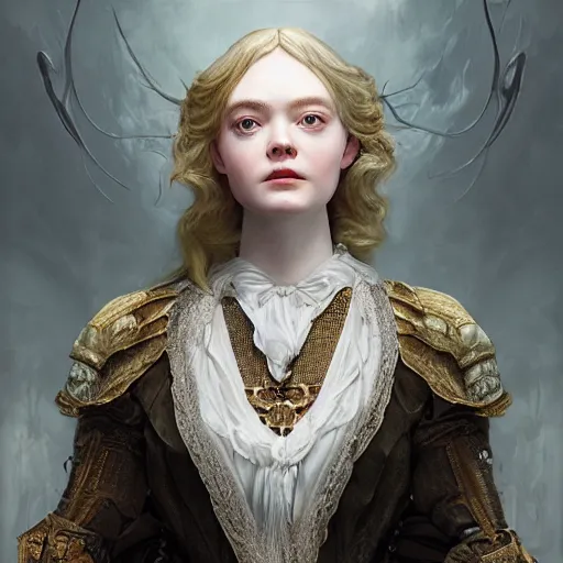 Image similar to leyendecker and peter paul rubens, head and shoulders portrait of a elle fanning in bloodborne, unreal engine, fantasy art by global illumination, radiant light, detailed and intricate environment