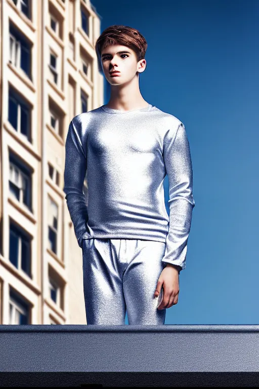 Image similar to un ultra high definition studio quality photographic art portrait of a young man standing on the rooftop of a british apartment building wearing soft padded silver pearlescent clothing. three point light. extremely detailed. golden ratio, ray tracing, volumetric light, shallow depth of field. set dressed.