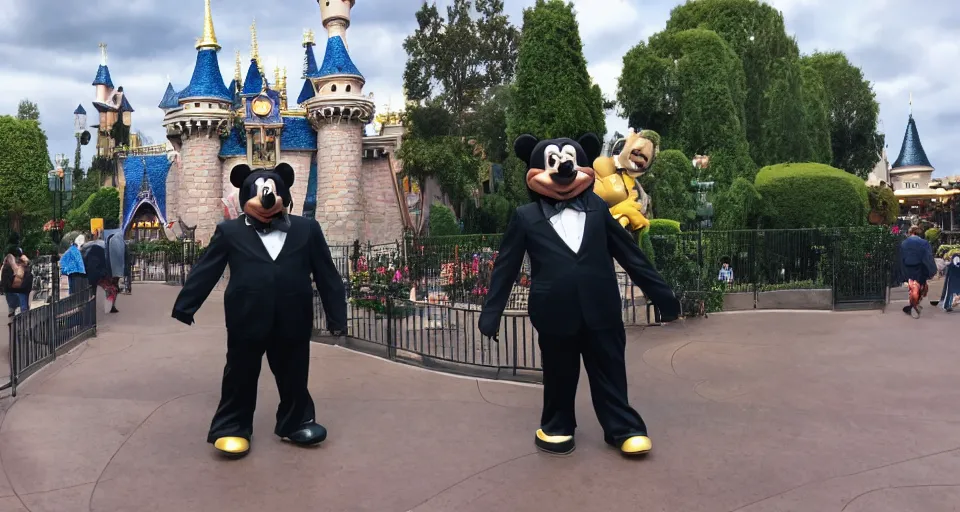 Prompt: disneyland in paris, with a giant bear with a suit