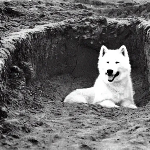 Image similar to a samoyed dog in a ww1 trench, grainy photo