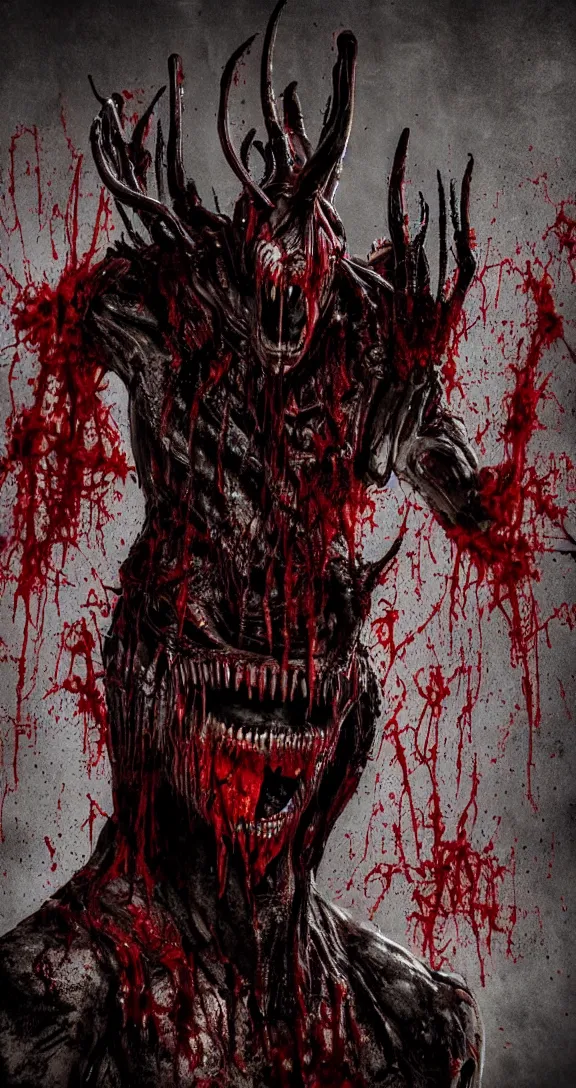 Image similar to very terrifying cenobite xenomorph demon splattered with blood, full body portrait showing entire scary monster, barbed wire, neo-expressionistic, maximalist, horror monster masterpiece, trending on DeviantArt, 4K resolution, dark cinematic, hyperrealism, octane render, volumetric lighting, ultra-detailed, chiaroscuro, dark black background, in the style of Giger and Ralph Steadman and Da Vinci,