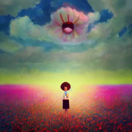 Image similar to gigantic flower face, girl standing in flower field, surreal photography, big trees, sunrise dramatic light, impressionist painting, colorful clouds, digital painting, pointillism, artstation, simon stalenhag