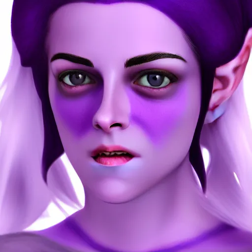 Prompt: Purple skinned Kristen Stewart as a smiling Elf wizard smooth purple skin!, + purple skin Photorealistic digital art trending on artstation, artgem, 4k HD.