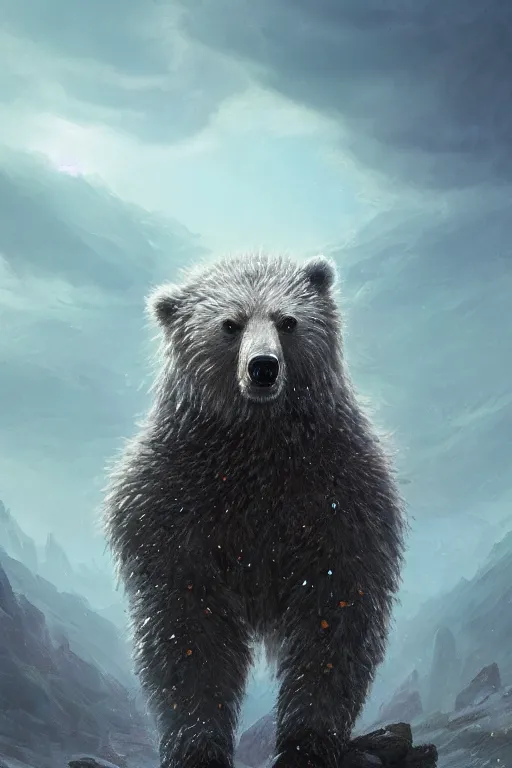 Image similar to a portrait of a crystalized bear god by Greg Rutkowski, Sung Choi, Mitchell Mohrhauser, Maciej Kuciara, Johnson Ting, Maxim Verehin, Peter Konig, final fantasy , mythical, 8k photorealistic, cinematic lighting, HD, high details, atmospheric,