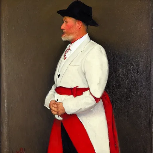 Prompt: the honorable duke, a 5 0 year old man in traditional german noble attire, red and white belt on top of his suit, oil on canvas, 1 9 0 5