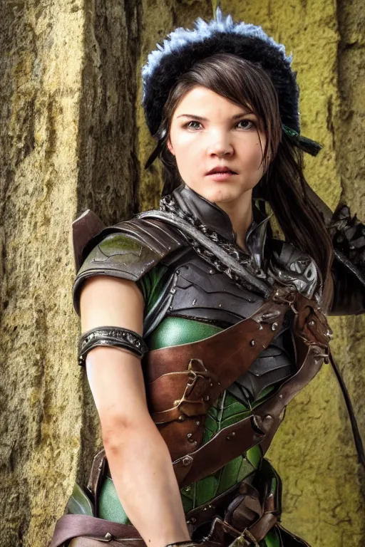 Image similar to fantasy character photo. female ranger. danielle campbell. facial expression of manic obsessive love. tall, lanky, athletic, wiry. brown dark forestgreen leather armor. little feathered hat, lightgreen, jauntily angled. black hair in ponytail. bright blue eyes. leaning against the exterior wall of a tavern