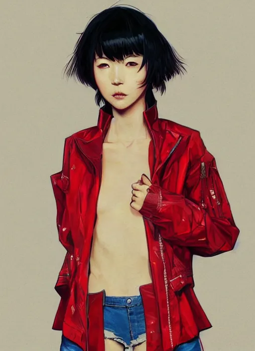 Image similar to full body long shot of Japanese female wearing red futuristic 1980s jacket and torn jean shorts, highly detailed, digital painting, artstation, concept art, sharp focus, illustration, art by greg rutkowski and alphonse mucha