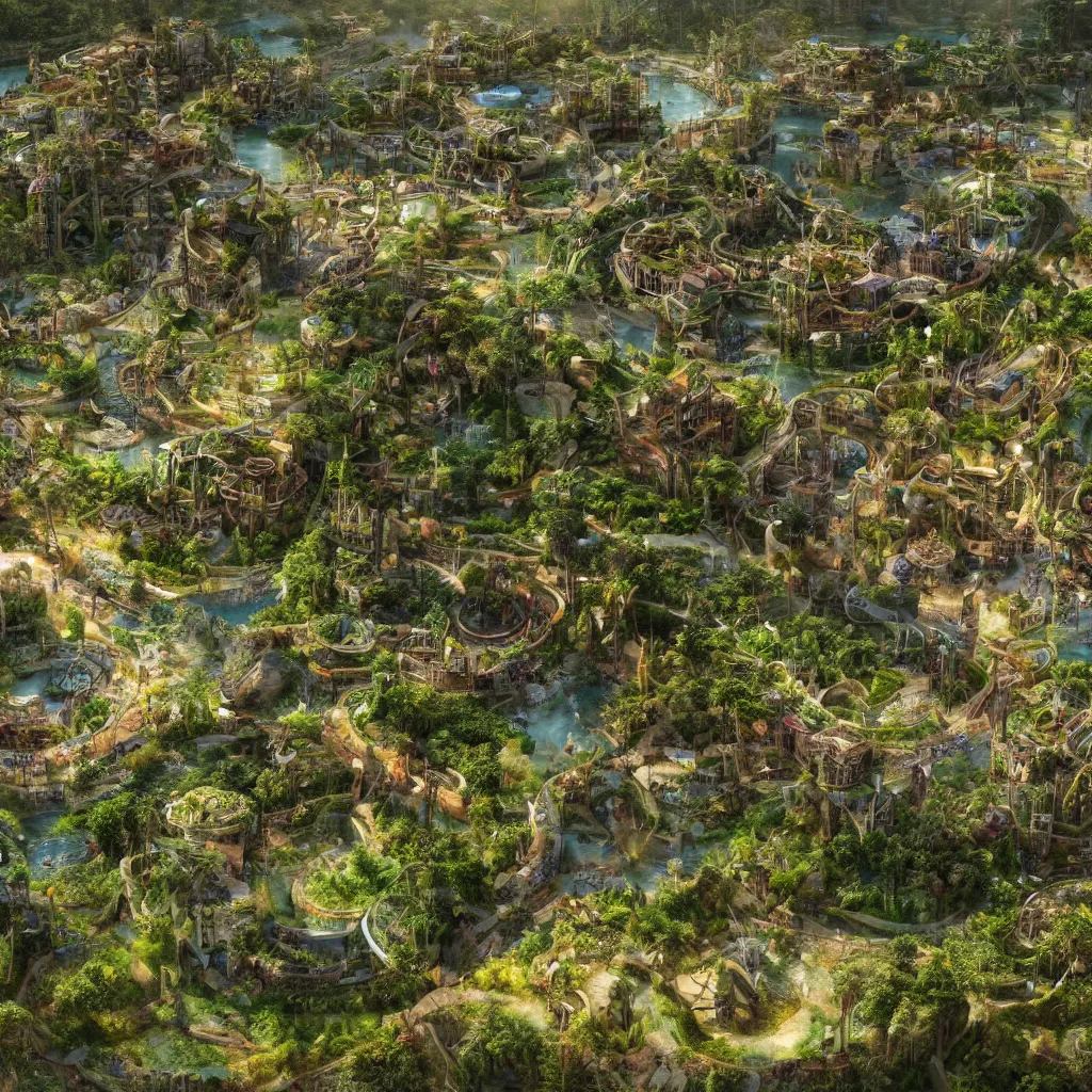 Image similar to solarpunk eco - city utopia, enchanted world, ancient nile winding river valley deep valley taken from 3 0 metres high, otherworldly, botanical garden, waterscape, overgrowing floral lush, glistening in the morning light, 8 k, cinematic shot, weta workshop, hyper realistic, cinematography by john boorman