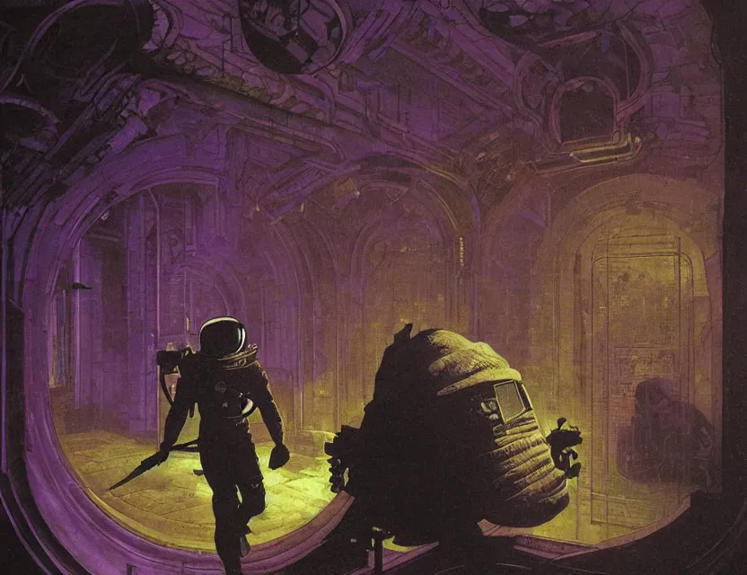 Prompt: a silhouette of an astronaut in a baroque neoclassicist halls overgrown with colorful otherworldly technology. close - up view, detailed textures. glowing purple fog, dark black background. highly detailed fantasy science fiction painting by moebius, norman rockwell, frank frazetta, and syd mead. rich colors, high contrast