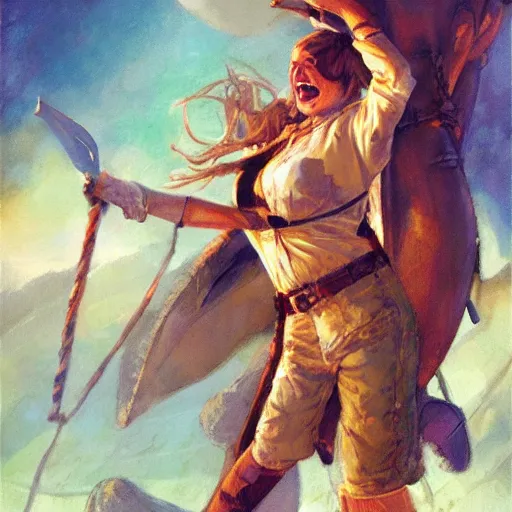 Image similar to happy female adventurer, by jon foster.