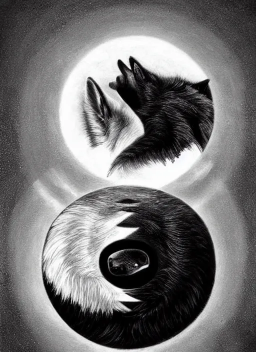 Image similar to a realistic black and white wolf in a yin yang symbol fantasy art, art by collin bogle