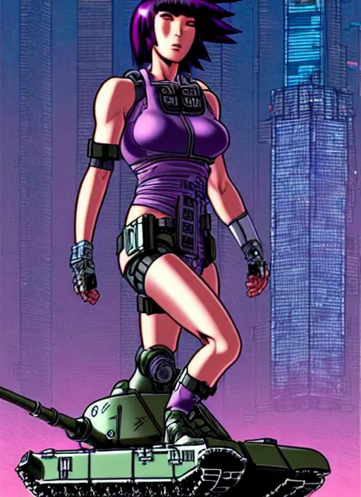 Image similar to motoko kusanagi riding a tank in a grungy cyberpunk megacity, intricate and finely detailed, cyberpunk vaporwave, portrait by j scott campbell, phil jimenez, ilya kuvshinov