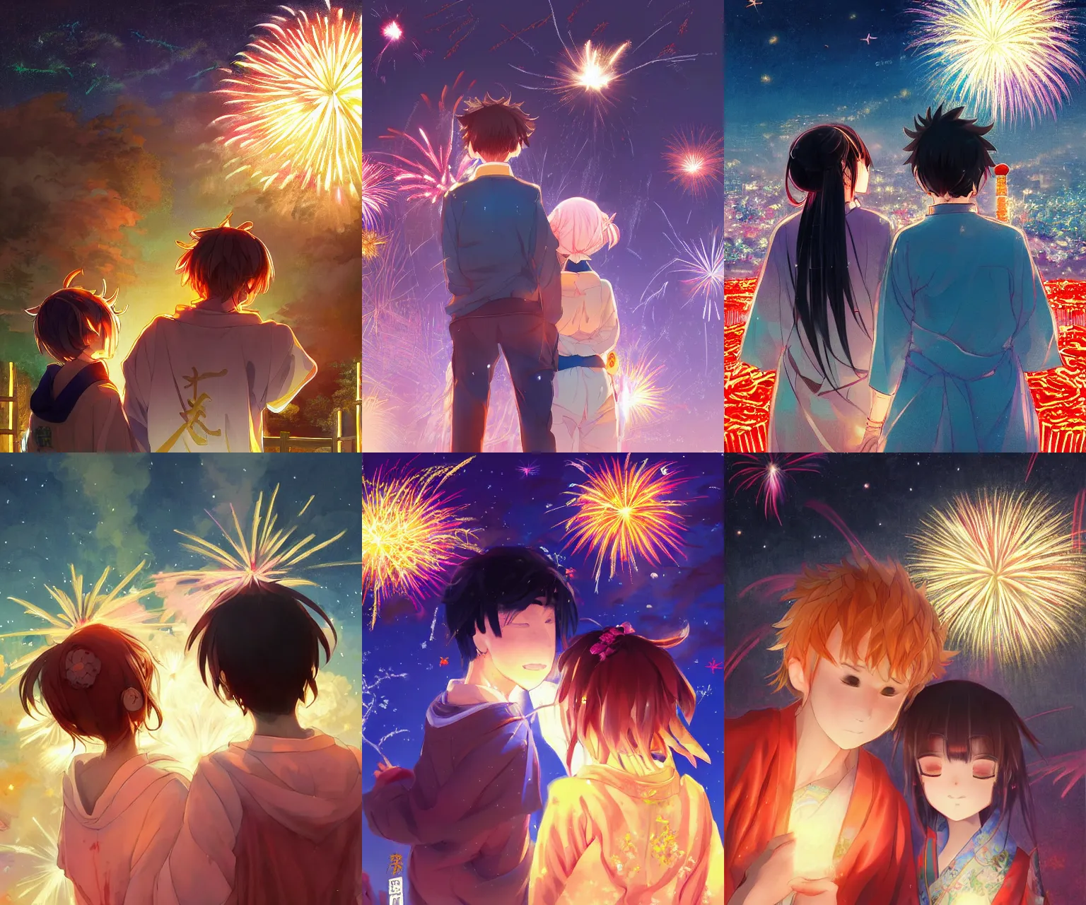 Image similar to beautiful anime painting of a boy and a girl from behind at a shinto shrine looking up at the night sky illuminated by colorful new years fireworks, by WLOP and Slawek Fedorczuk and rossdraws, trending on artstation, concept art