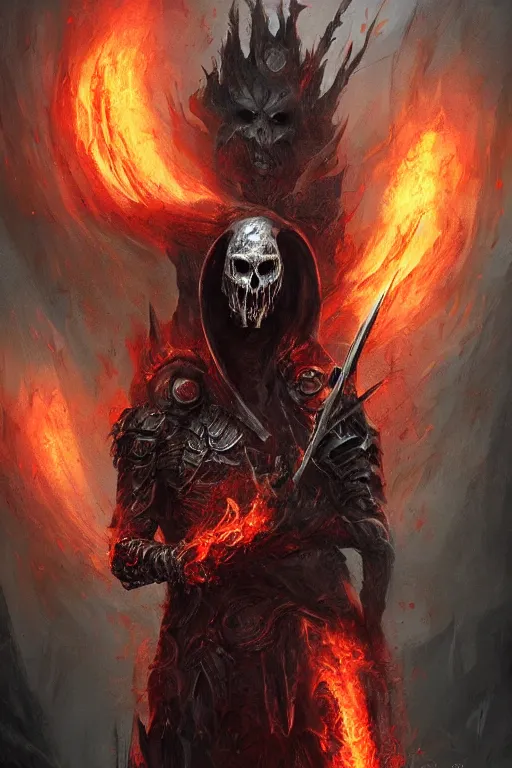 Image similar to undead flame knight with blade arms, digital art, trending on artstation, professional illustration by seb mckinnon, david romero, artgerm, ultra detailed, fantasy, unsettling, creepy, horror